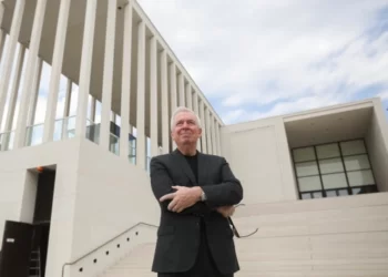 Architect David Alan Chipperfield poses outside of the James-Simon-Galerie at the 'Museumsinsel',