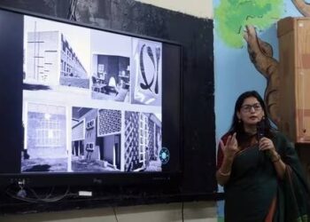Deepika Gandhi, associate professor, Chandigarh College of Architecture, delivering a lecture on art and architecture in the city